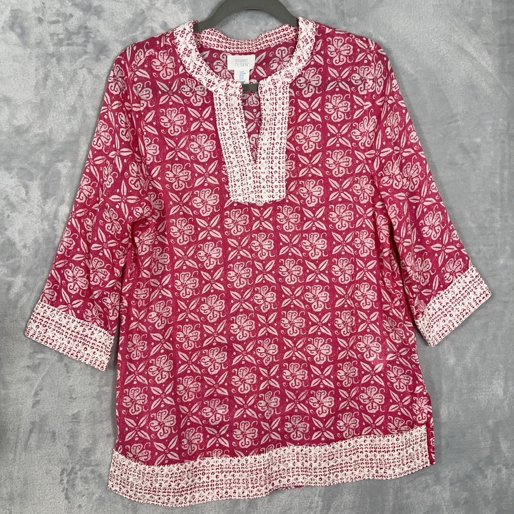 Sigrid Olsen Womens Tunic Top Pink White Floral Embroidered M 3/4 Sleeve Beachy